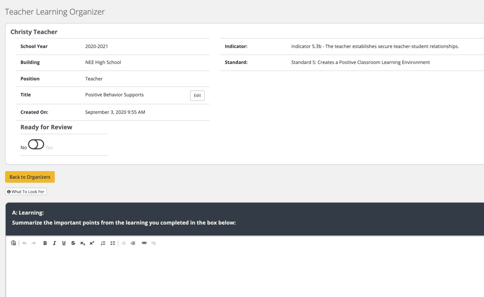 Teacher Learning Organizer Report in the NEE Data Tool