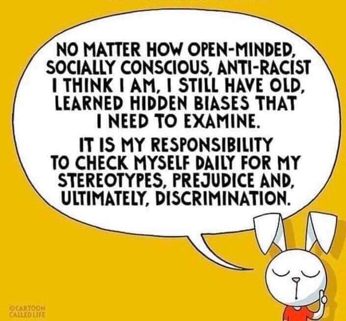 cartoon communicating importance of checking yourself for stereotypes, prejudice and discrimination