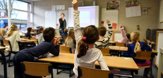 View of teacher from back of classroom as several young students raise their hands