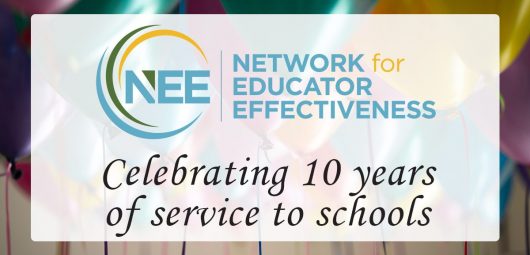 Photo of balloons with text NEE celebrates 10 years of service