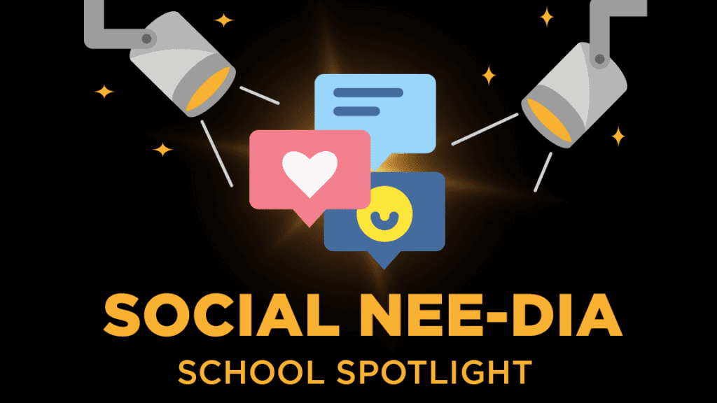 Graphic with spotlights and social media icons with the words "Social NEE-dia School Spotlight"