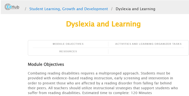 Screengrab of EdHub Dyslexia and Learning module