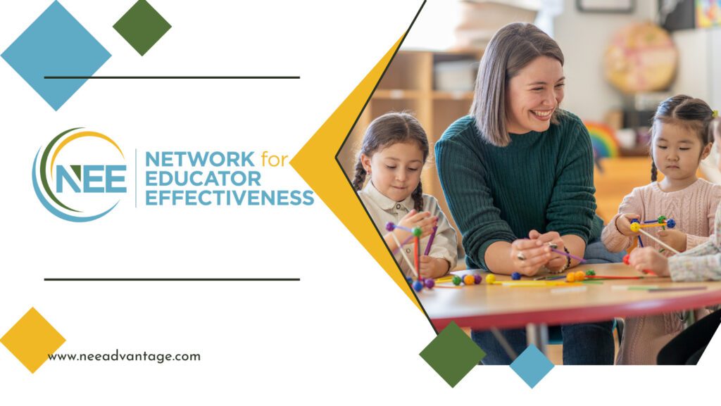 NEE logo on left side of image with photo of teacher working with students on right side and colorful squares mixed in