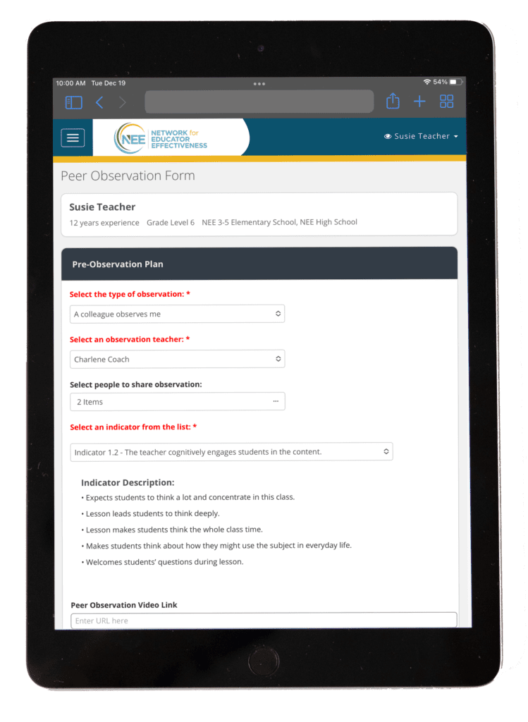 Image of ipad showing NEE POWERHub peer observation form