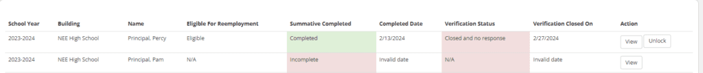 Screenshot of Principal Summative Status Report in the NEE Data Tool