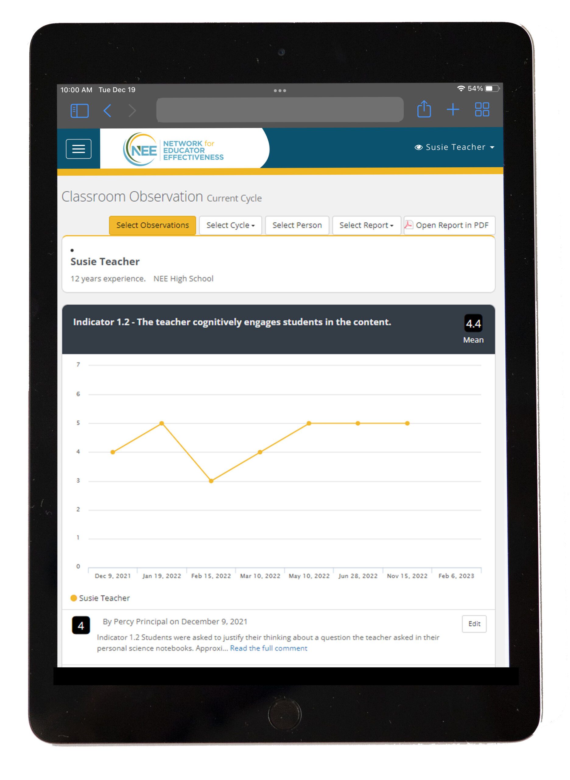 Screengrab of NEE Classroom Observation report on iPad