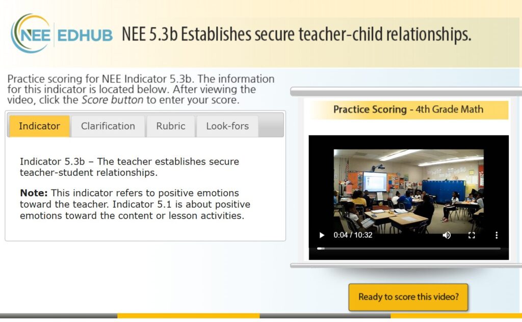 Screen grab of an indicator scoring practice video module in EdHub