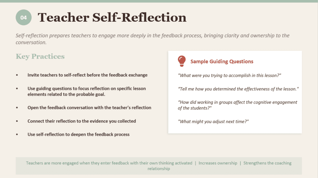 Graphic of a powerpoint slide highlighting the points made on teacher self-reflection