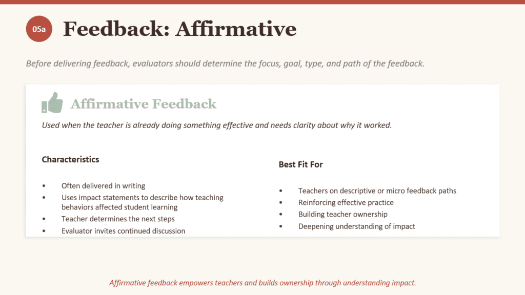 Graphic of a powerpoint slide highlighting the points made on affirmative feedback